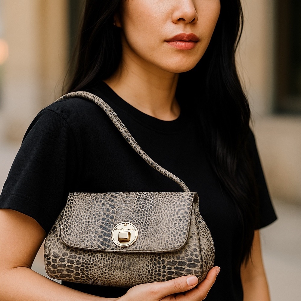 Elliott Lucca Gray Snakeskin Leather Style Pocket Double Handle Shoulder Bag - Picture 1 of 16